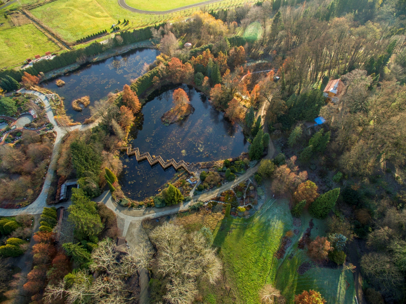Zdjęcie z lotu ptaka przedstawia zielone tereny Arboretum w Bolestraszycach