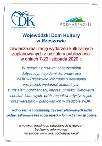 WDK w Rzeszowie zawiesza realizację wydarzeń w dniach 7-29 listopada