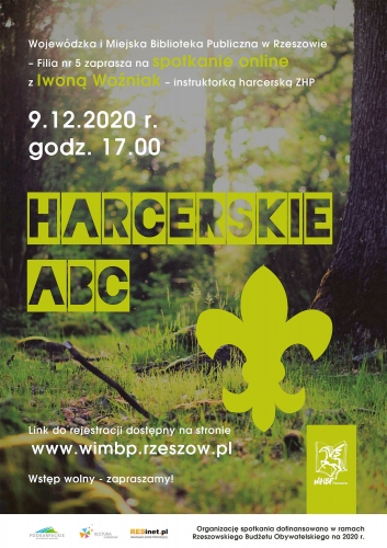 Plakat zatytułowany Harcerskie ABC przedstawia lilijkę na tle zielonego lasu, drzew, mchu i porostów