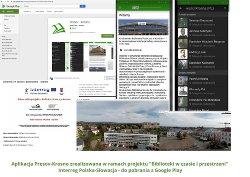 Screen pokazujący otwarte zakładki aplikacji w tym zdjęcia i biogramy znanych osób, informację o projekcie oraz zdjęcie biblioteki publicznej w Krośnie