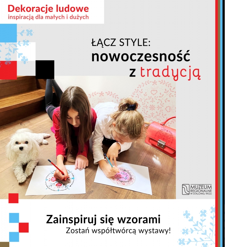 Inspiracje ludowe plakat przedstawiający dwie młode dziewczynki malujące na kartce papieru obok nich siedzi biały pies