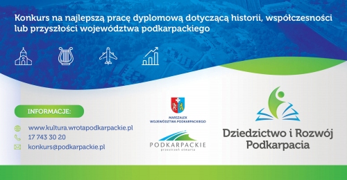 Plakat przedstawia loga: województwa podkarpackiego, przestrzeń otwarta oraz Dziedzictwo i rozwój Podkarpacia tytuł konkursu oraz dane teleadresowe