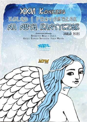 Plakat przedstawia namalowanego anioła ze skrzydłami i niebieskimi włosami na tle zimowe scenerii