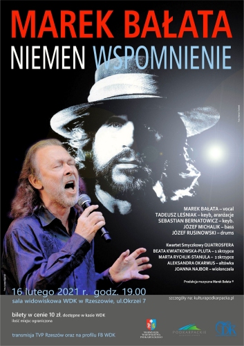 Na plakacie Marek Bałata z mikrofonem śpiewa, a w tle czarno-białe zdjęcie Czesława Niemena
