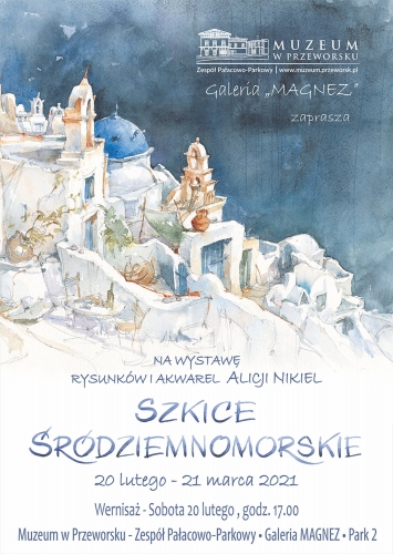 Plakat zawiera akwarelę, która przedstawia charakterystyczny dom z Santorini: biały dom i niebieski dach 