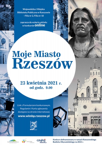 Na plakacie widać zdjęcie pomnika Tadeusza Nalepy z Rzeszowa z ulicy 3 maja, fragment ratusza oraz dwa inne fragmenty części ulic Rzeszowa