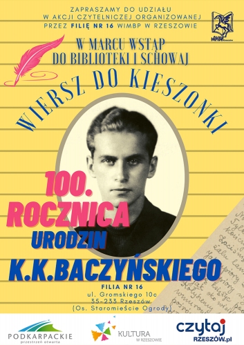 Na plakacie czarno-białe zdjęcie Kamila Krzysztofa Baczyńskiego