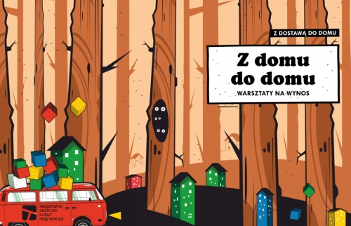 Plakat przedstawia namalowany las a w nim czerwony samochód dostawczy z paczkami i napis Regionalne Centrum Kultur Pogranicza