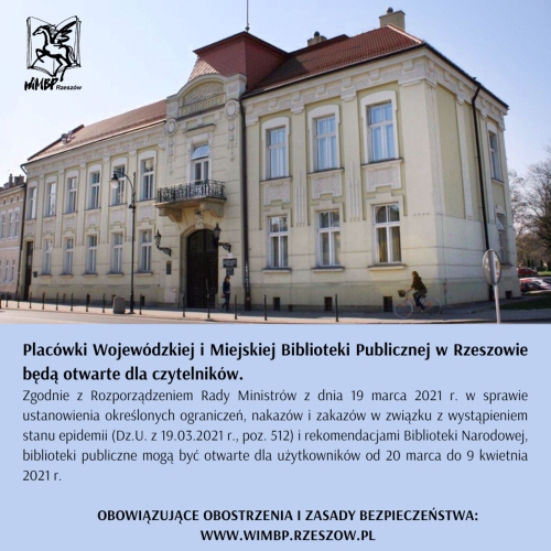 Wojewódzka i Miejska Biblioteka Publiczna w Rzeszowie otwarta dla czytelników 