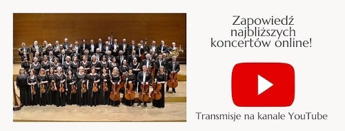 Zdjęcie orkiestry symfonicznej filharmonii podkarpackiej na scenie filharmonii muzycy ubrani na galowo z instrumentami muzycznymi
