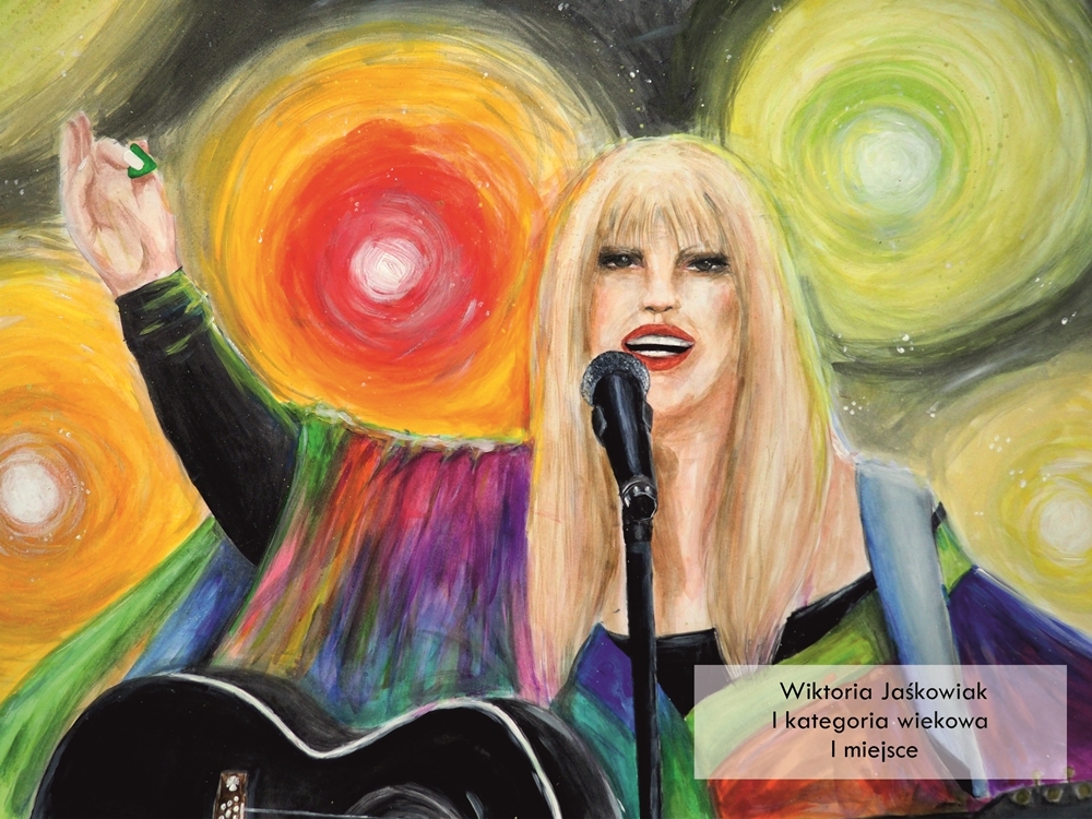Namalowany obraz Maryli Rodowicz z gitarą 