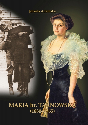 Maria Tarnowska ubrana stylowo z wachlarzem w ręku obok wojenne zdjęcie z żołnierzem zasłaniającym oczy opaską kobiecie