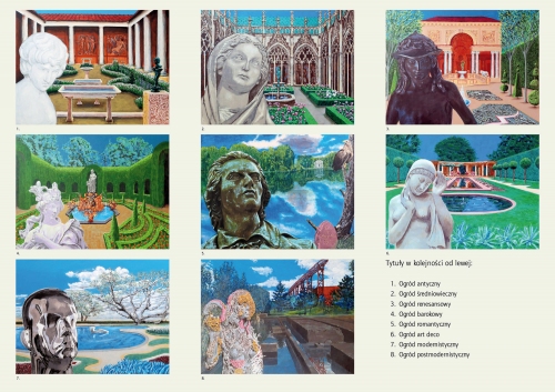 Osiem kadrów osobnych obrazów na każdym na pierwszym planie antyczna rzeźba w tle ogród, budowla lub natura