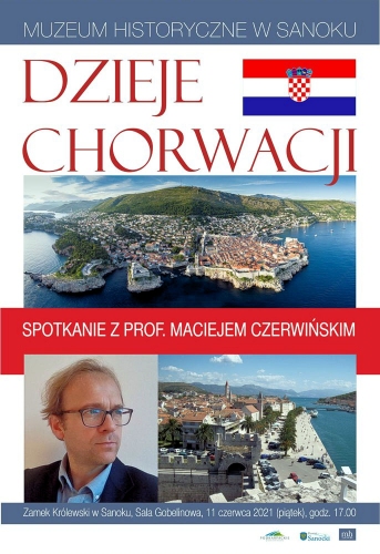 Na plakacie trzy zdjęcia profesora, dwa zdjęcia panoramiczne Chorwacji oraz informacje jak w tekście