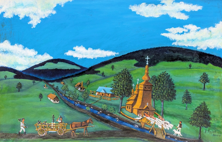  Namalowana sceneria wiejska, widać kościół pracujących chłopów, pagórki, błękitne niebo