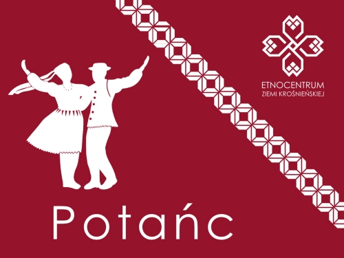 Logo, plakat przedstawia namalowane na biało dwie sylwetki tańczącej taniec ludowy pary 