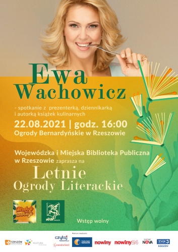 Na plakacie zdjęcie Ewy Wachowicz z widelcem przy ustach oraz motyw roślin z których wychodzą książki zamiast pąków