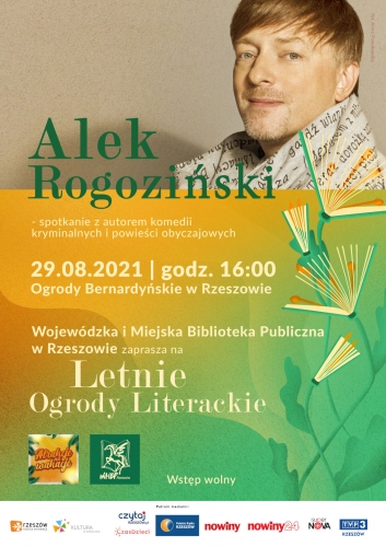 Na plakacie zdjęcie autora Alka Rogozińskiego i stały motyw plakatu rośliny z których wyrastają książki jak pąki kwiatów