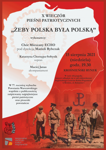Plakat w kolorze czerwonym zawiera archiwalne zdjęcie dzieci harcerzy walczących w powstaniu oraz na plakacie kontury mapy polski w kolorach flagi
