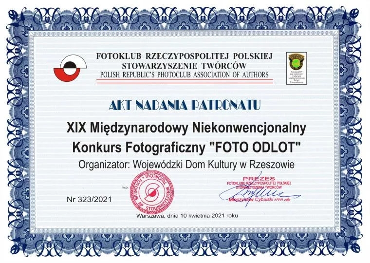 Akt nadania patronatu Fotoklubu Rzeczpospolitej Polskiej