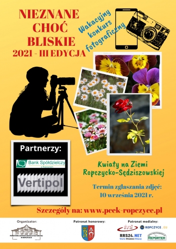 Kilka miniaturowych zdjęć różnych kwiatów oraz czarna sylwetka kucającej osoby robiącej zdjęcie aparatem na statywie