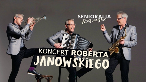 Robert Janowski trzy zdjęcia złożone w jedno gra na trąbce, saksofonie i harmonii