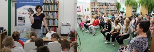 Autorka prezentuje trzymając w ręce swoją książkę w sali na krzesłach siedzą dzieci które słuchają wykładu