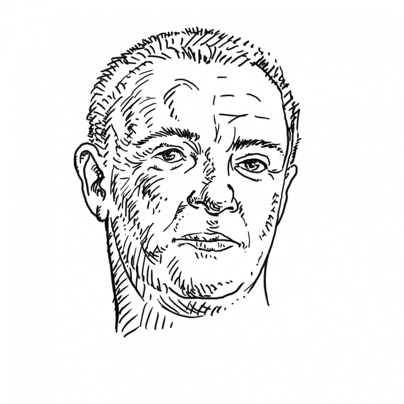 Narysowana tuszem twarz, autoportret - czarne konkury na białej kartce papieru