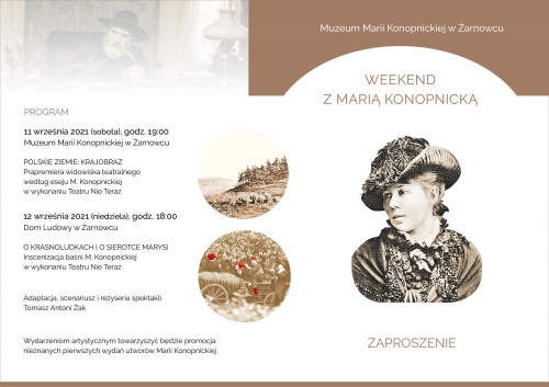 Na plakacie stare czarno-białe zdjęcie Marii Konopnickiej, krasnoludków w czerwonych czapkach oraz podstawowe dane