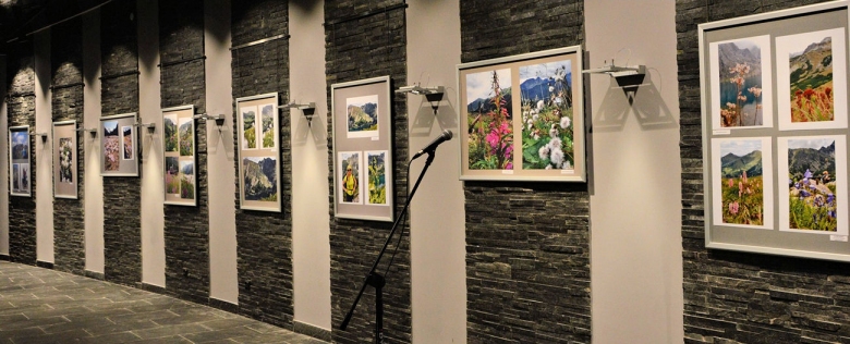 Na ścianie w galerii wystaw wiszą zdjęcia autorki spotkania
