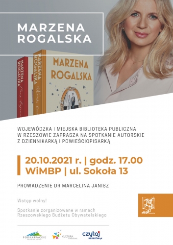 Duży napis Marzena Rogalska jej zdjęcie oraz dwie okładki książek