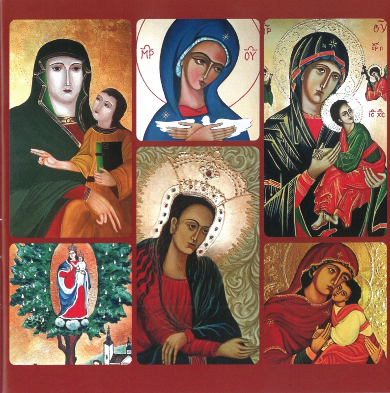 Sześć różnych wizerunków Matki Boskiej. Na czterech jest z dzieciątkiem Jezus na jednym jest sama a na jednym przytula gołębia symbol ducha świętego