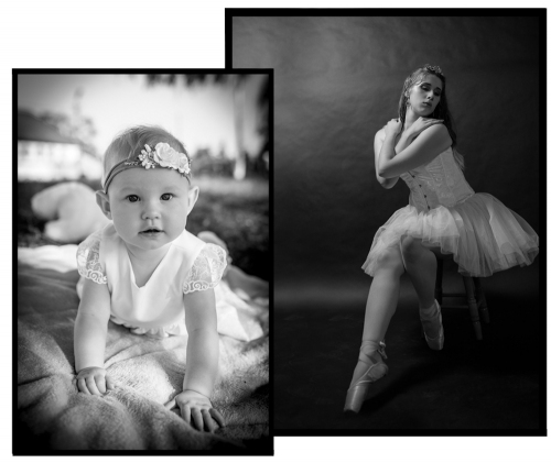 Dwa zestawione ze sobą zdjęcia. Po lewej stronie mała dziewczynka z opaską na głowie - po prawej już starsza baletnica w stroju tancerki 