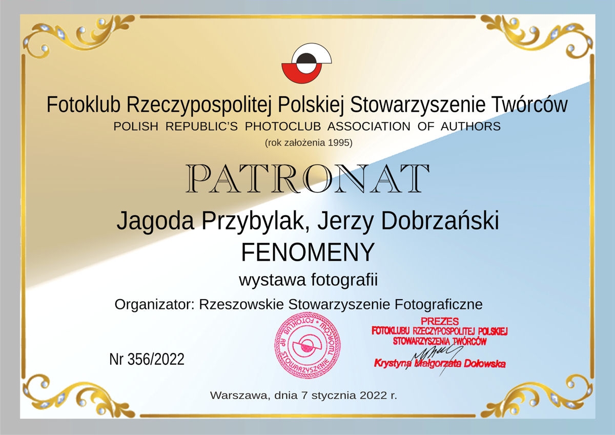 Zdjęcie dyplomu przedstawiającego objęcie patronatem wystawy przez Fotoklub RP