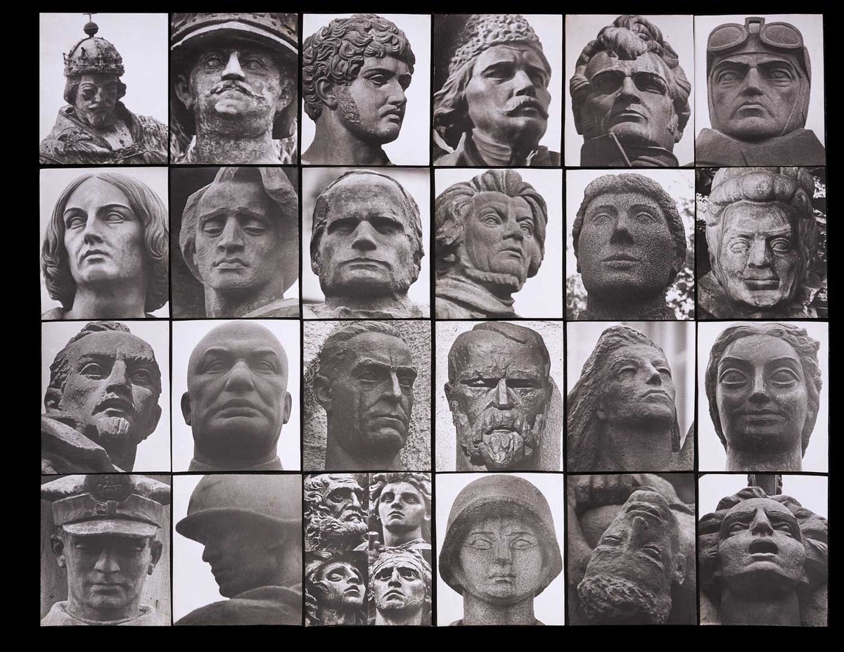 Kilkanaście portretów rzeźb różnych historycznych postaci - tworzą jeden obrazek