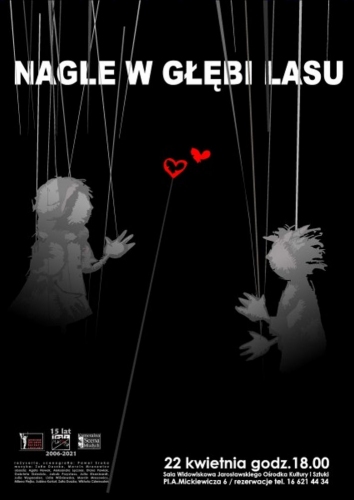 Plakat na czarnym tle widać dwie postaci lalki teatralne. Chłopak i dziewczyna po między nimi czerwonej dwa małe serca przypominające motyle