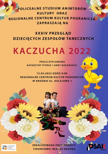 Plakat do wydarzenia. Namalowane kwiaty oraz żółta kaczka