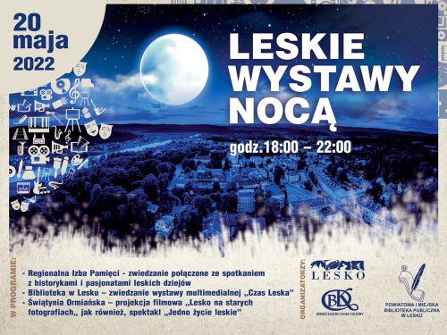 Plakat do wydarzenia. Duży księżyc w pełni nocą oraz widok na panoramę Leska
