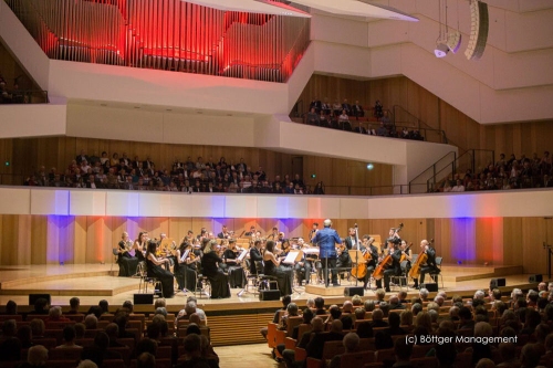 Muzycy w sali filharmonii w czasie koncertu.