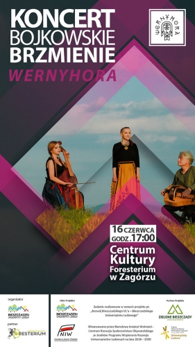 Plakat do koncerty zespołu Wernyhora. Na zdjęciu muzycy z zespołu oraz duży napis koncert bojkowskie brzmienie.