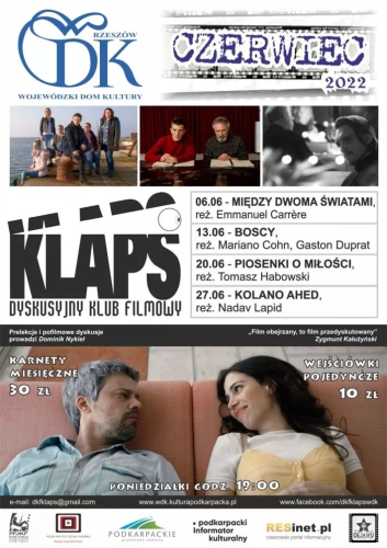 Plakat do wydarzenia. Logo DKF Klaps oraz kadry z filmów.