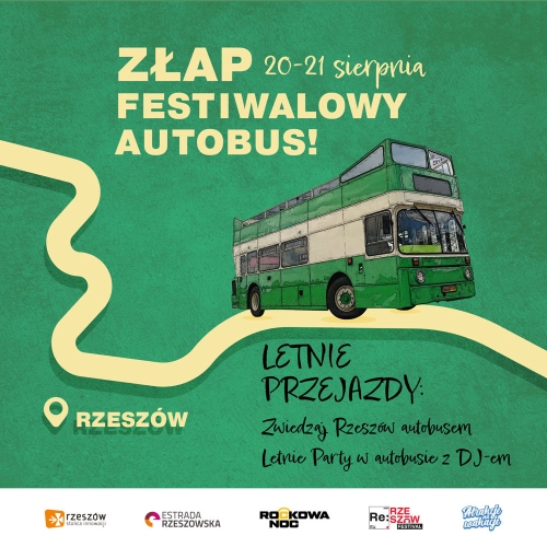 Plakat do wydarzenia. Na zielonym tle namalowany zielony autobus z otwartym dachem i podstawowe informacje
