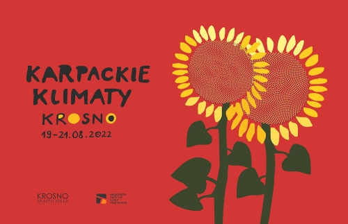 Plakat do wydarzenia, na czerwonym tle dwa duże żółte słoneczniki oraz napis karpackie klimaty