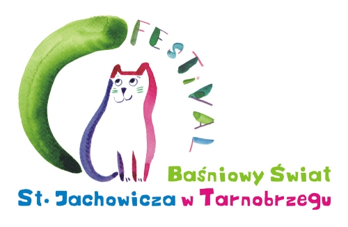Plakat do wydarzenia. Namalowany farbkami plakatowymi biały kot i napis festiwal Baśniowy Świat Jachowicza