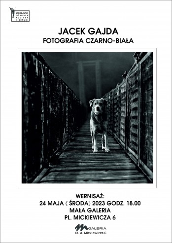 Plakat promujący wydarzenie: fotografia czarno-biała przedstawiająca psa wykonana przez Jacka Gajdę, autora wystawy.