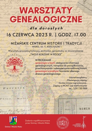 Plakat promujący wydarzenie z informacją dotyczącą warsztatów genealogicznych