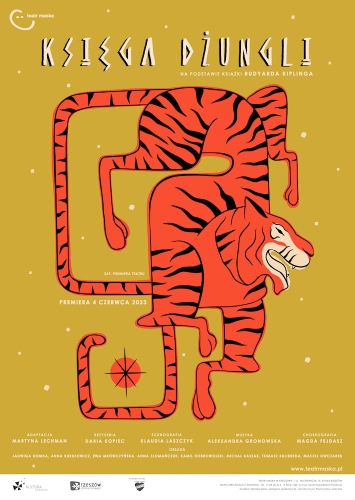 Plakat promujący spektakl - namalowany tygrys i podstawowe dane