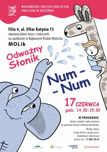Grafika promująca spotkanie dla dzieci "Odważny słonik Num-Num"