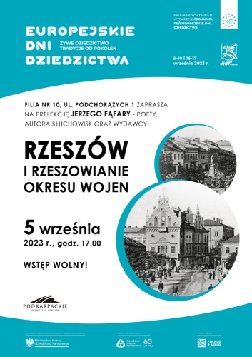 Plakat promujący wydarzenie, spotkanie z Jerzym Fąfarą i europejskie dni dziedzictwa