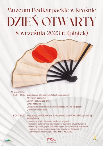 Plakat promujący dni otwarte w muzeum. Japoński wachlarz i podstawowe dane jak w tekście